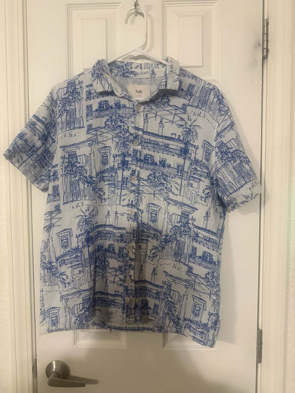 Folk M Blue Scenic Print Button Up Shirt Vacation Resort Camp Collar M